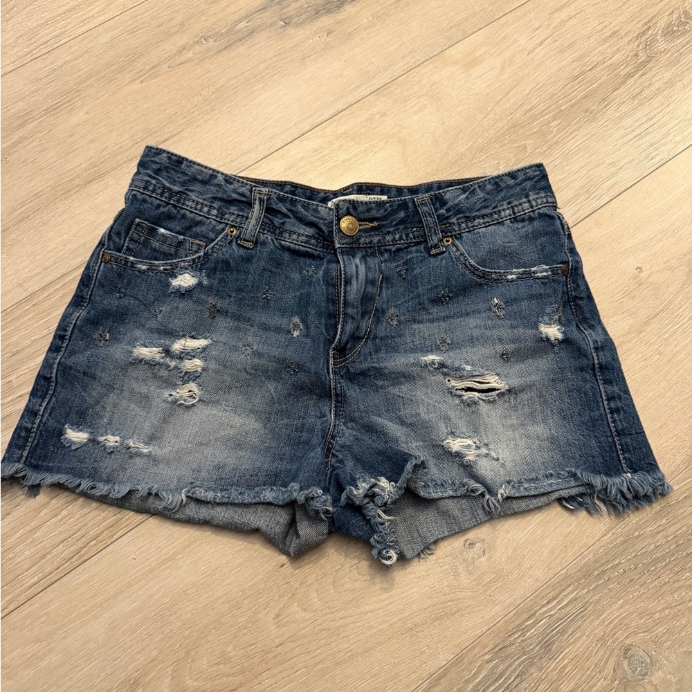 Stradivarius Dark Blue Ripped Jean Shorts